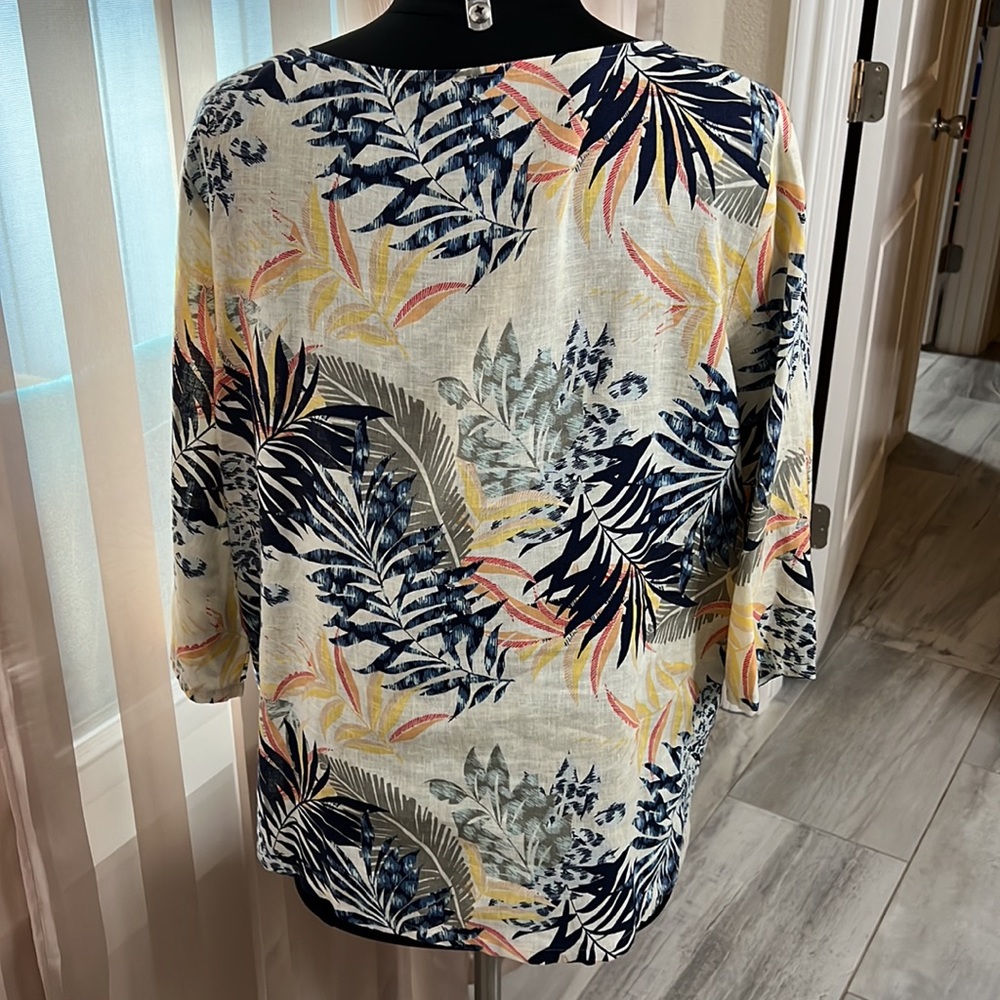 Chico's Boatneck Tropical Leaf Tunic in Navy, Yellow, Pink, Cream - Picture 3 of 5